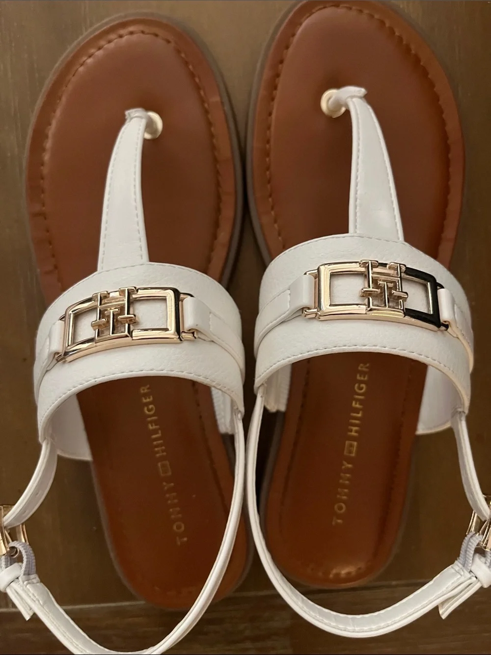 Tommy Hilfiger White Leather T-Strap Sandals with Gold Hardware